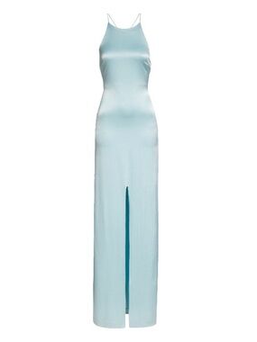 Blue Satin Bias-Cut Slip Gown with Front Slit